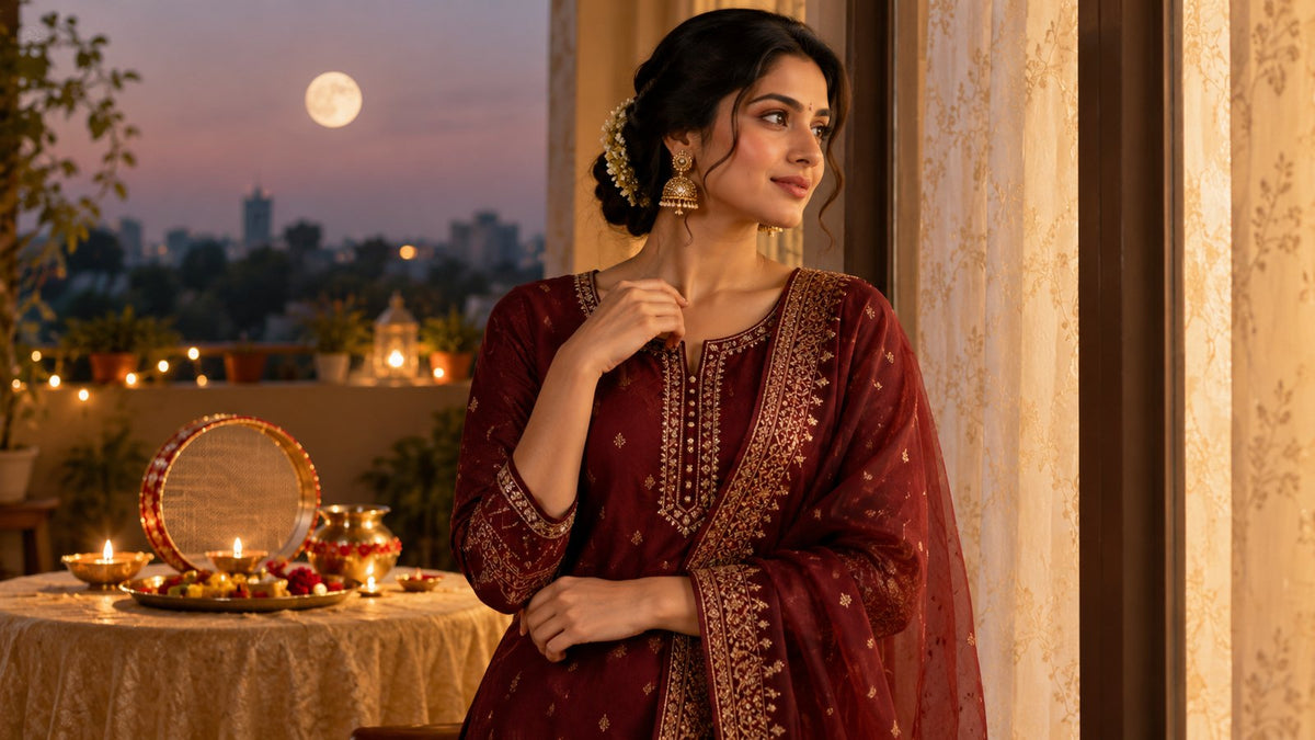Woman in a maroon festive outfit beside a Karwa Chauth thali at dusk