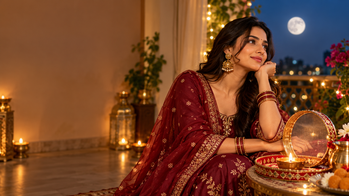 Maroon festive ethnic wear and Karwa Chauth thali beneath the moon