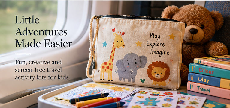 Children's travel activity pouch with colouring supplies and activity books on an airplane seat
