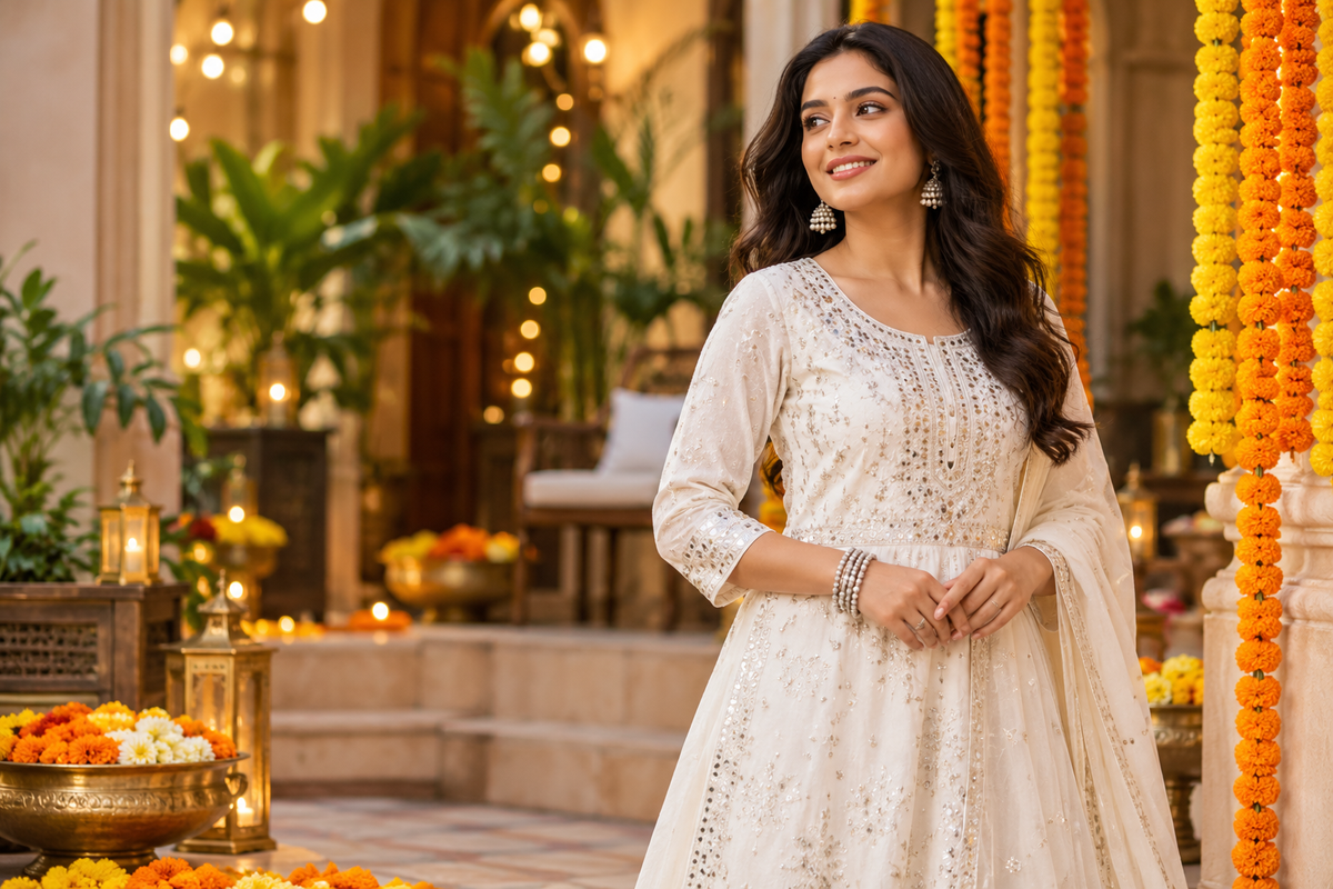 Ivory embroidered ethnic outfit with festive jewellery for Navratri 2026 styling