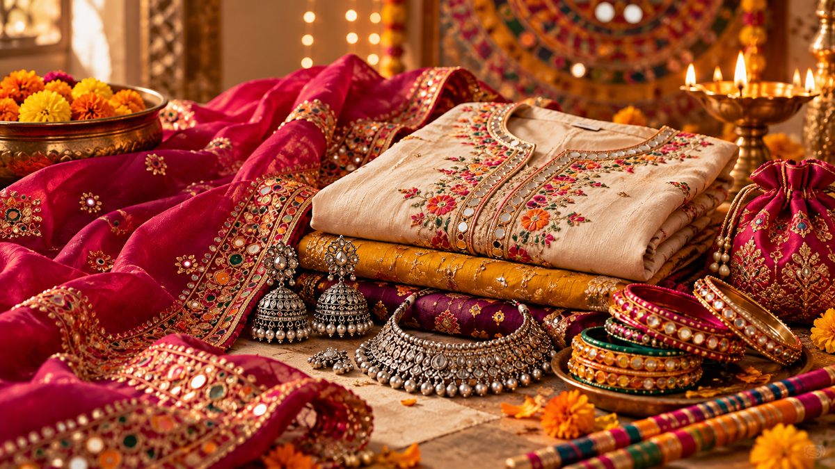 Navratri 2026 Garba festive fashion with embroidered fabrics, oxidized jewellery, bangles and dandiya décor