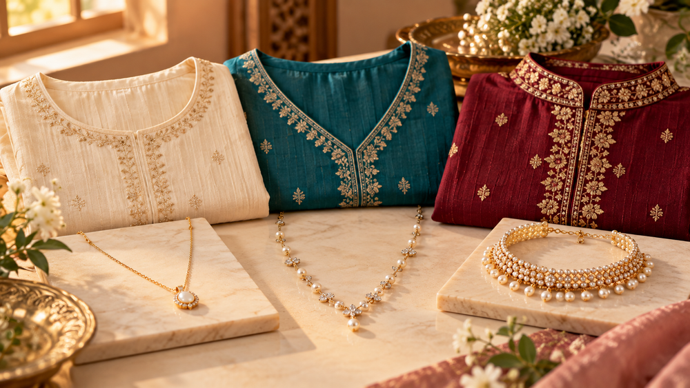 Pendant, necklace and choker options arranged with different Indian kurta necklines