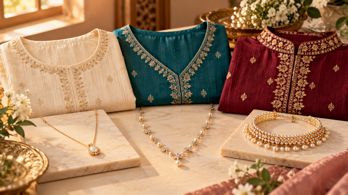 Pendant, necklace and choker options arranged with different Indian kurta necklines