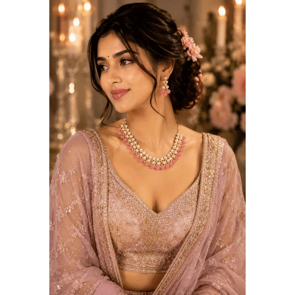 Pink pearl Kundan choker necklace set styled for Navratri festive fashion