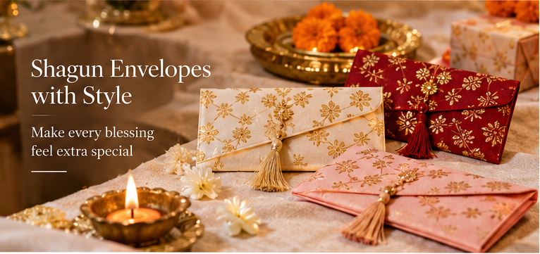 Festive shagun envelopes in red, ivory and blush with gold embroidery arranged beside a diya