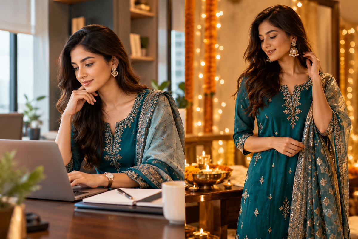 Office-ready festive outfit styled from workday to evening celebration