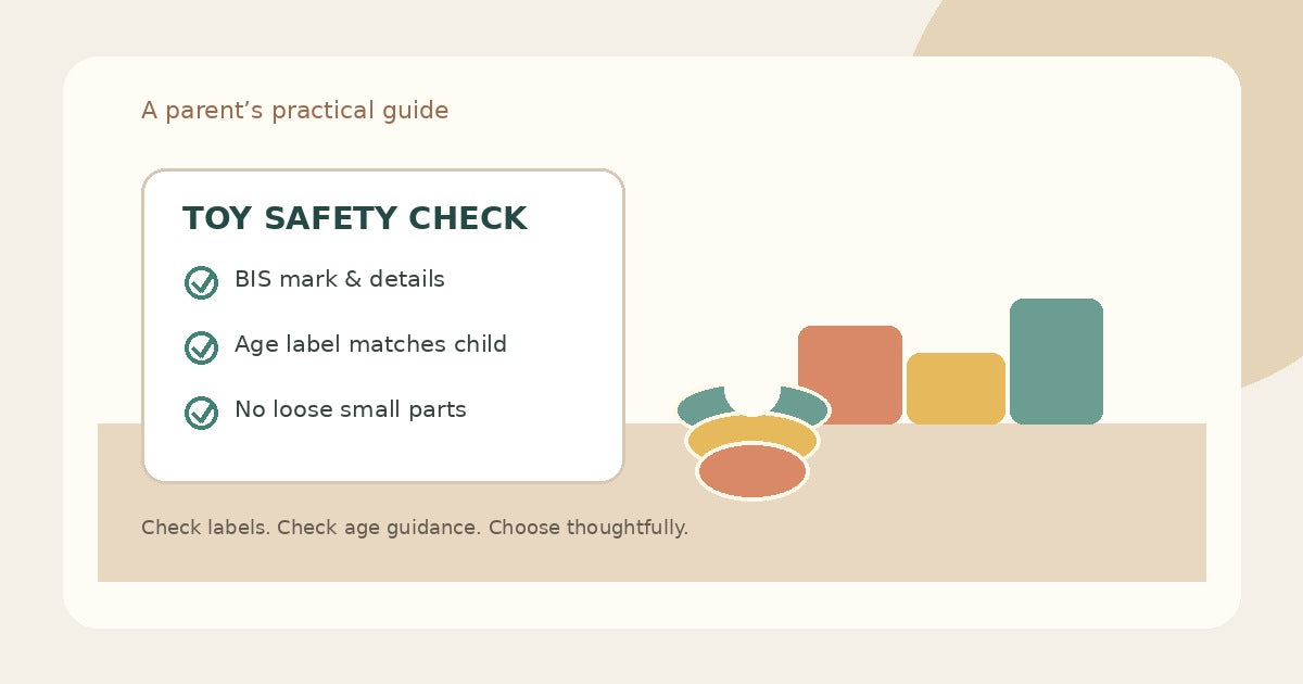 Illustrated toy safety checklist showing age guidance, BIS mark reminder and safe wooden toys
