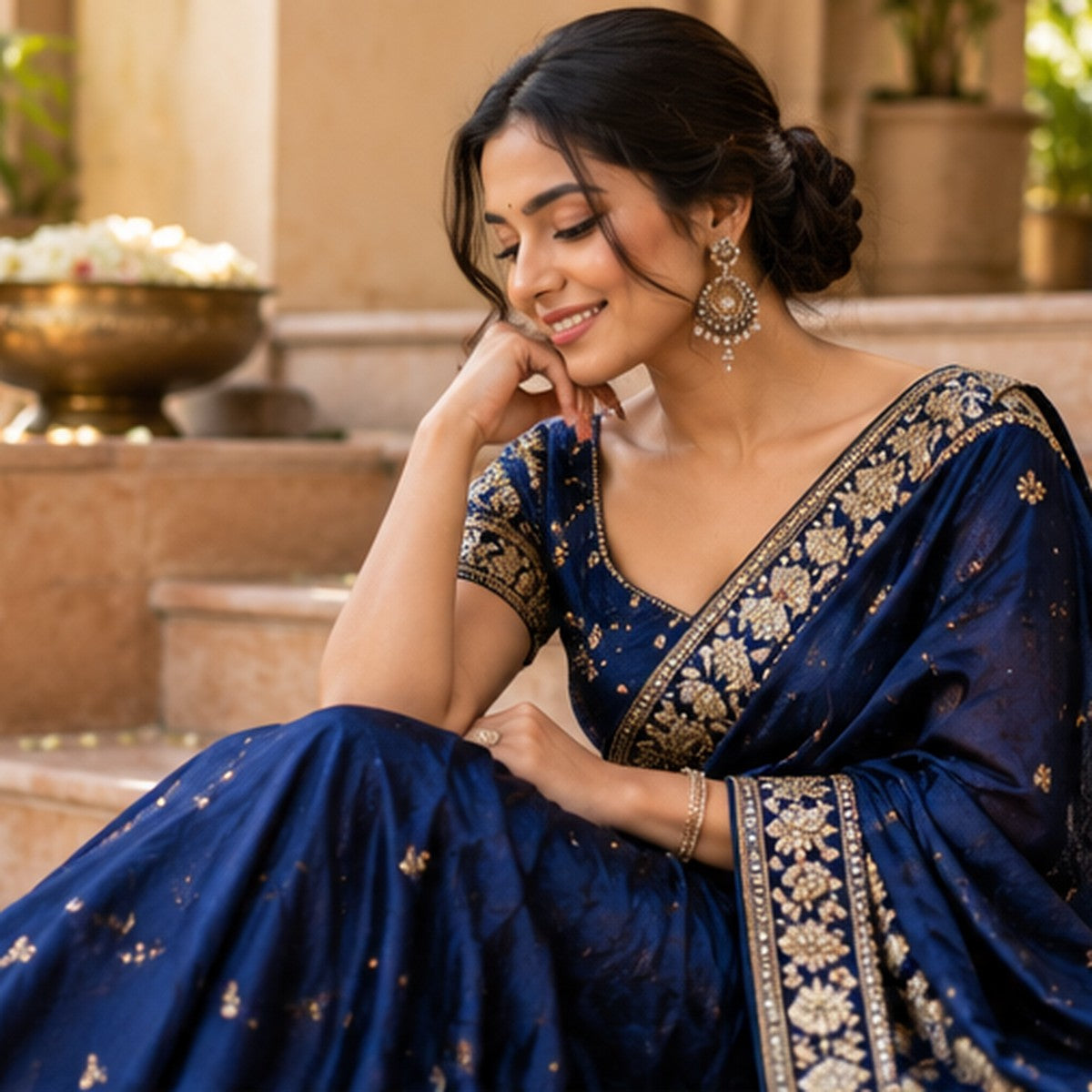 Wedding guest in navy embroidered lehenga at an evening celebration