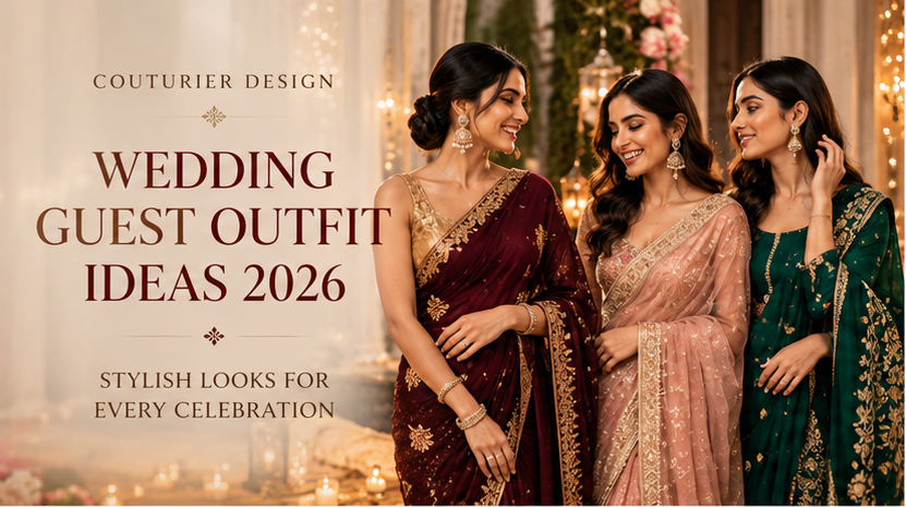 Three elegant Indian wedding guest outfits in burgundy, blush and emerald ethnic wear