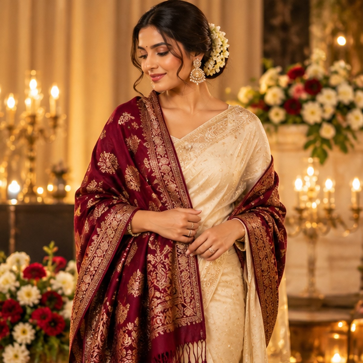 Ivory saree styled with a deep-maroon patterned shawl for a winter wedding