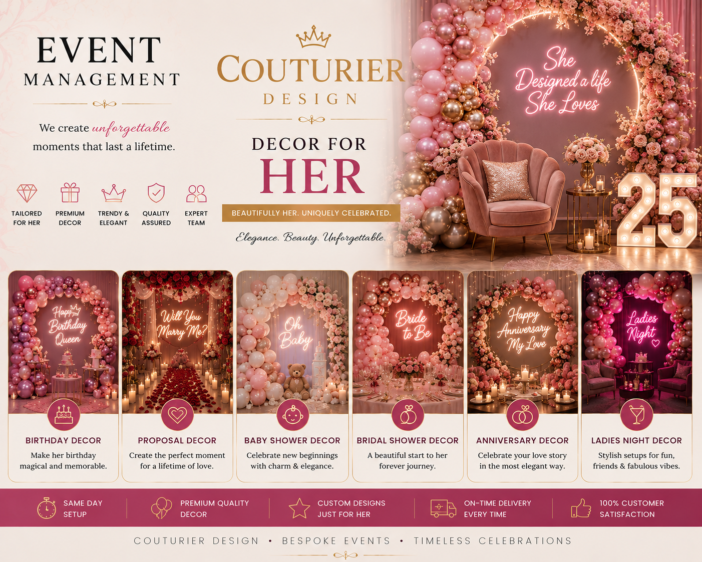 Couturier Events – Premium Decor for Her | Birthday, Bridal Shower, Proposal & Ladies Night Decor | A Unit of Couturier Design