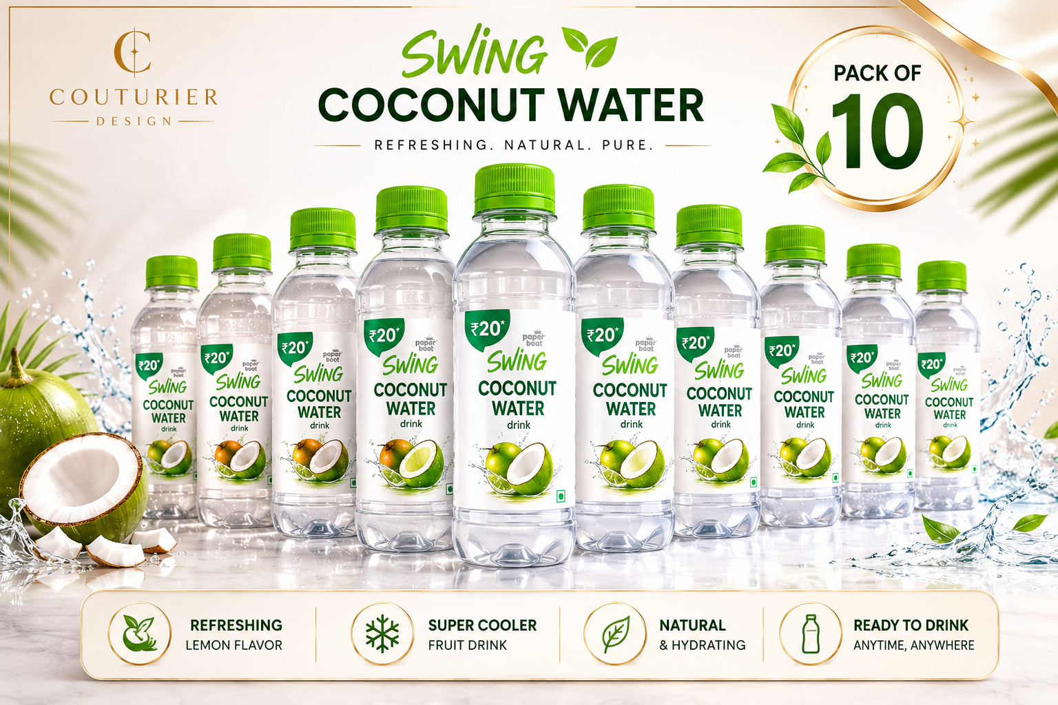 Paper Boat Swing Coconut Water Drink | Pack of 10 Bottles | Refreshing Natural Fruit Drink - Couturier Design