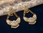 Gold-plated kundan chandbali earrings with pearl beaded fringe and floral detailing