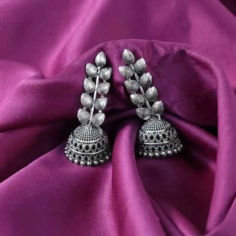 Oxidised Silver Leaf Drop Jhumka Earrings | Traditional Ethnic Statement Jewellery for Women - Couturier Design