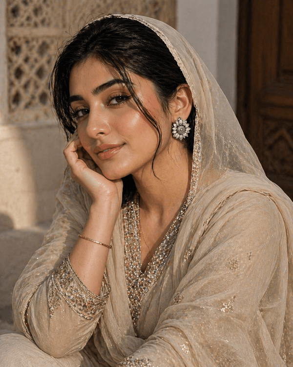 Woman in traditional beige embroidered outfit with a headscarf, sitting indoors.
