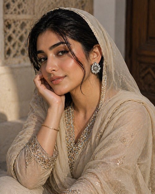 Woman in traditional beige embroidered outfit with a headscarf, sitting indoors.
