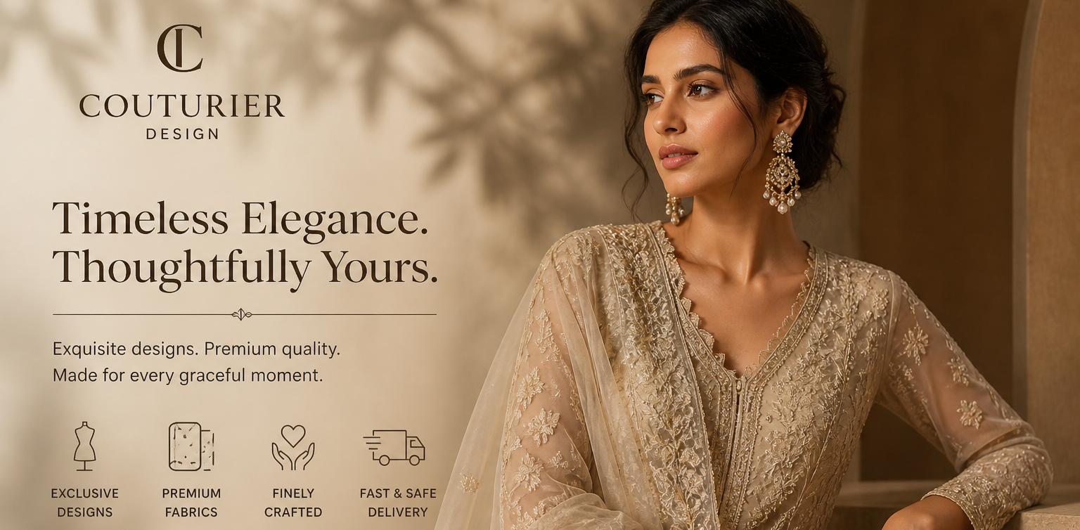 Woman in elegant outfit with Couturier Design branding and product features.