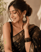 Elegant Oxidized Silver Chandbali Earrings with Black Bead Drops - Couturier Design