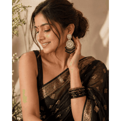 Oxidized Silver Chandbali Earrings with Black Bead Drops for Women