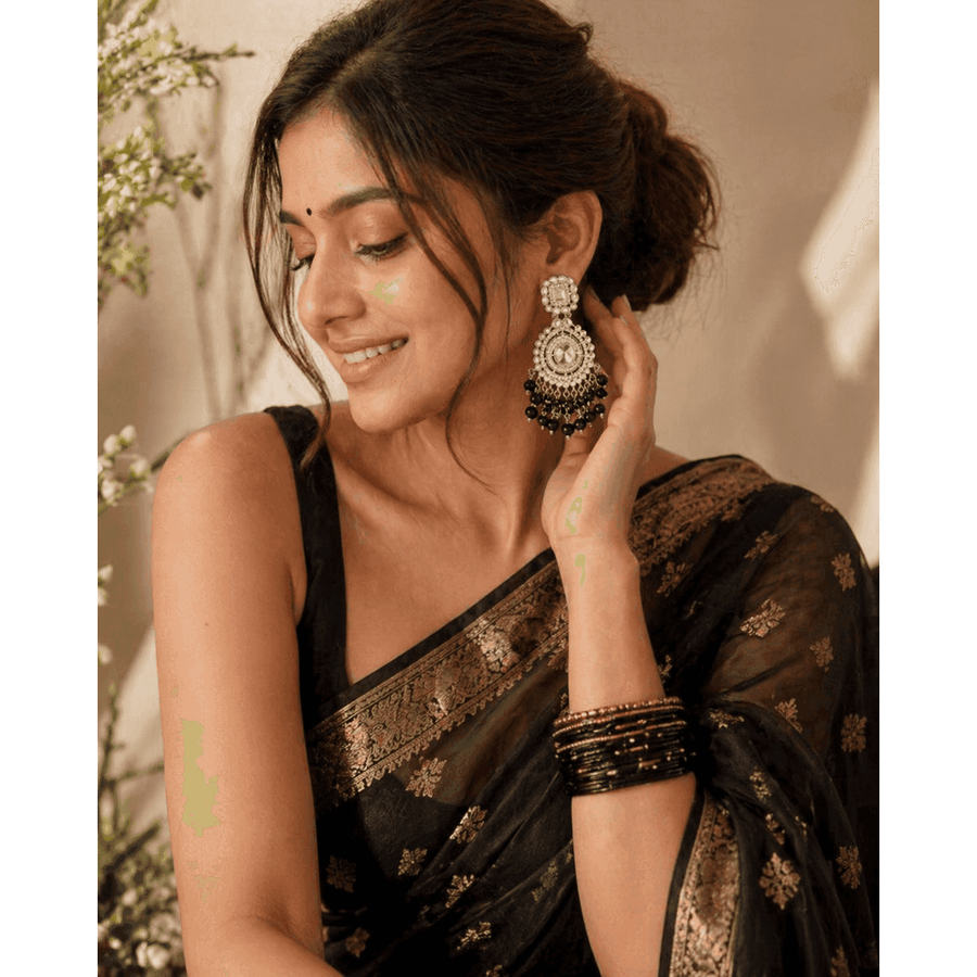 Oxidized Silver Chandbali Earrings with Black Bead Drops for Women