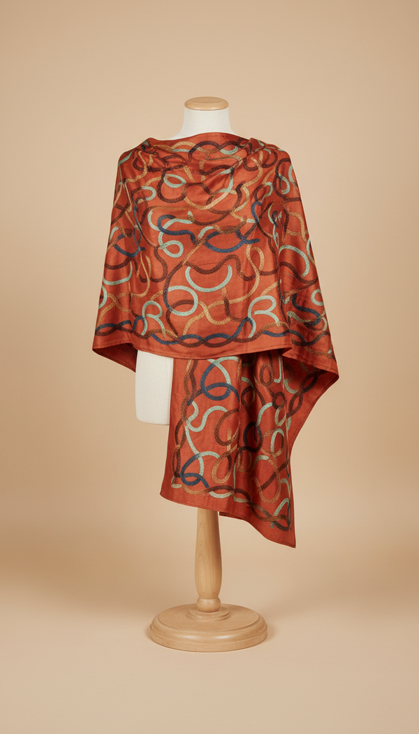 Burnt sienna silk embroidered shawl