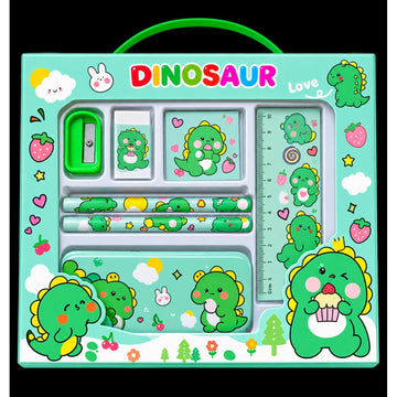 Kids dinosaur stationery set in mint green box with colorful dinosaur school supplies