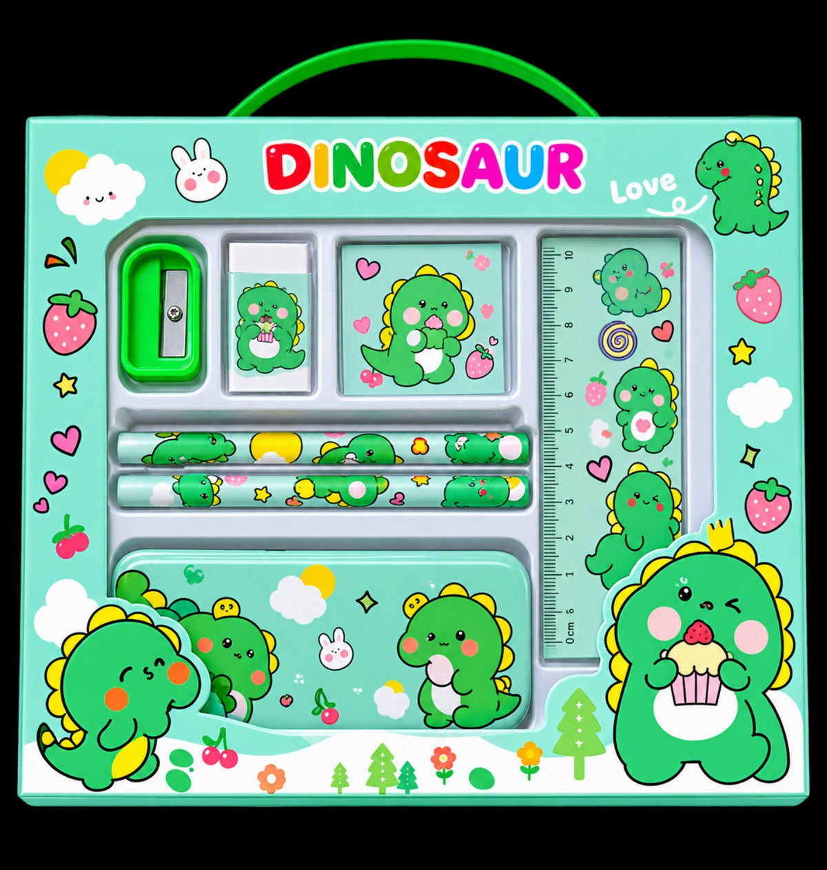 Mint green dinosaur stationery set for kids with pencils, ruler, eraser, sharpener and pencil case