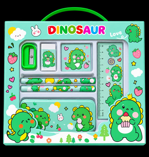 Mint green dinosaur stationery set for kids with pencils, ruler, eraser, sharpener and pencil case