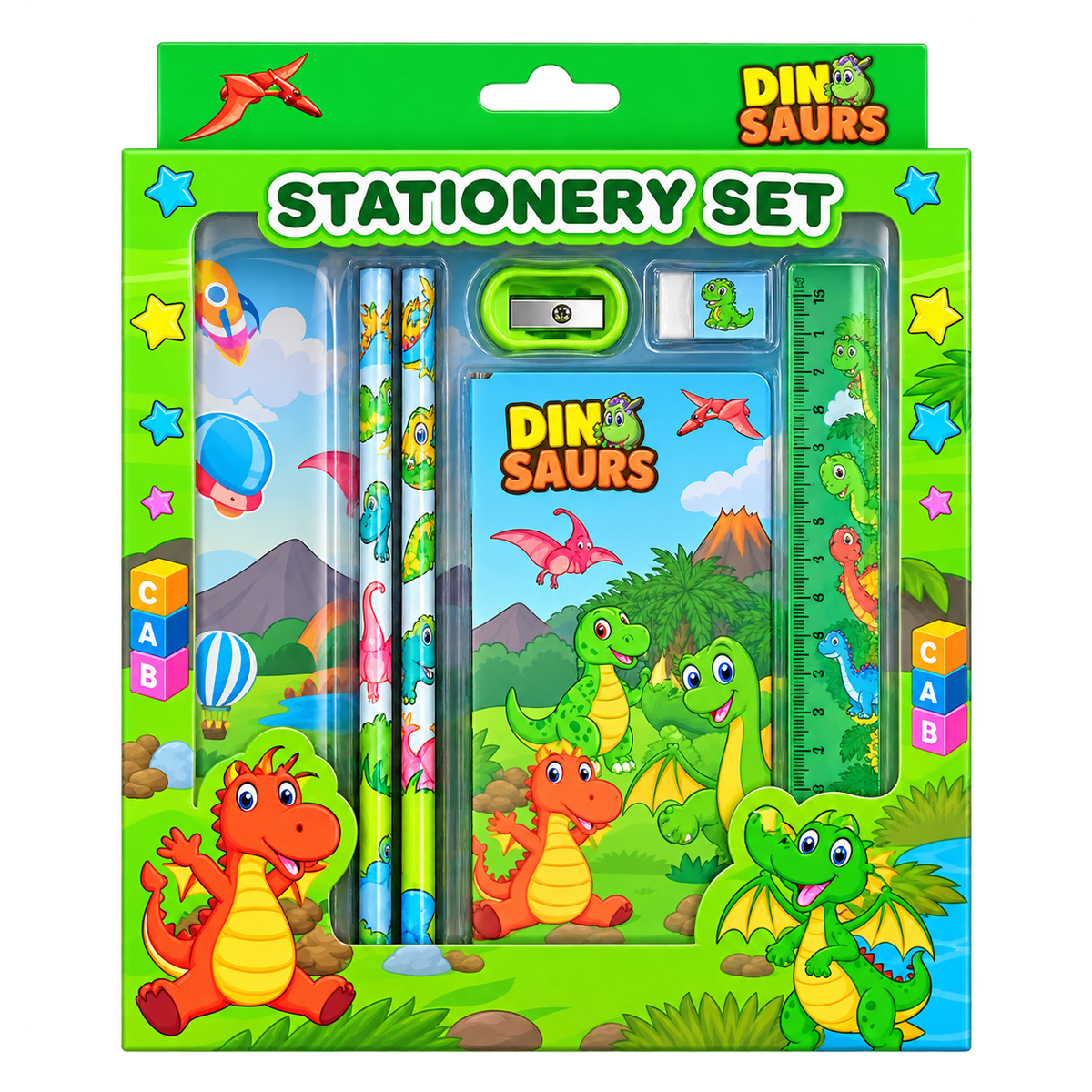 Dinosaur stationery set for kids with pencils sharpener eraser notebook and ruler