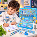 Child using Dream Space space-themed stationery kit with pencils and ruler at a study desk