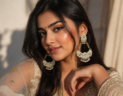 Close-up of an Indian woman wearing elegant pearl and kundan jhumka earrings with ethnic attire, styled in soft warm lighting for a premium jewellery look.