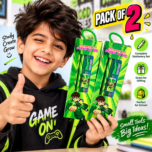 Kids stationery set pack of 2 shown with a child in a playful study setting