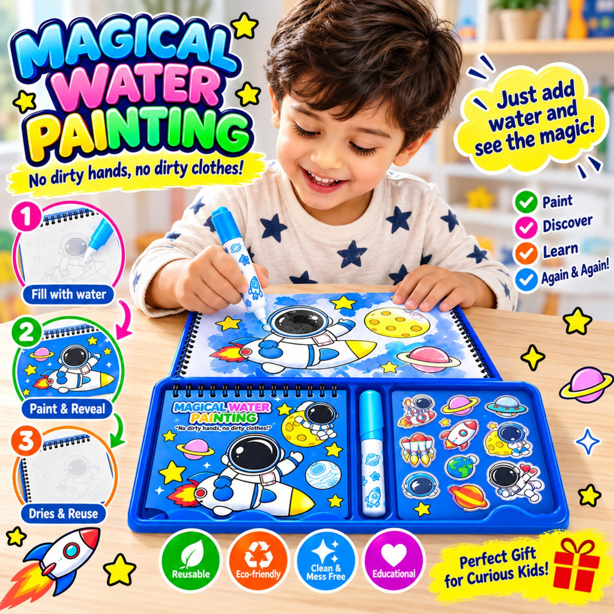Child using a reusable magical water painting activity kit with a water pen
