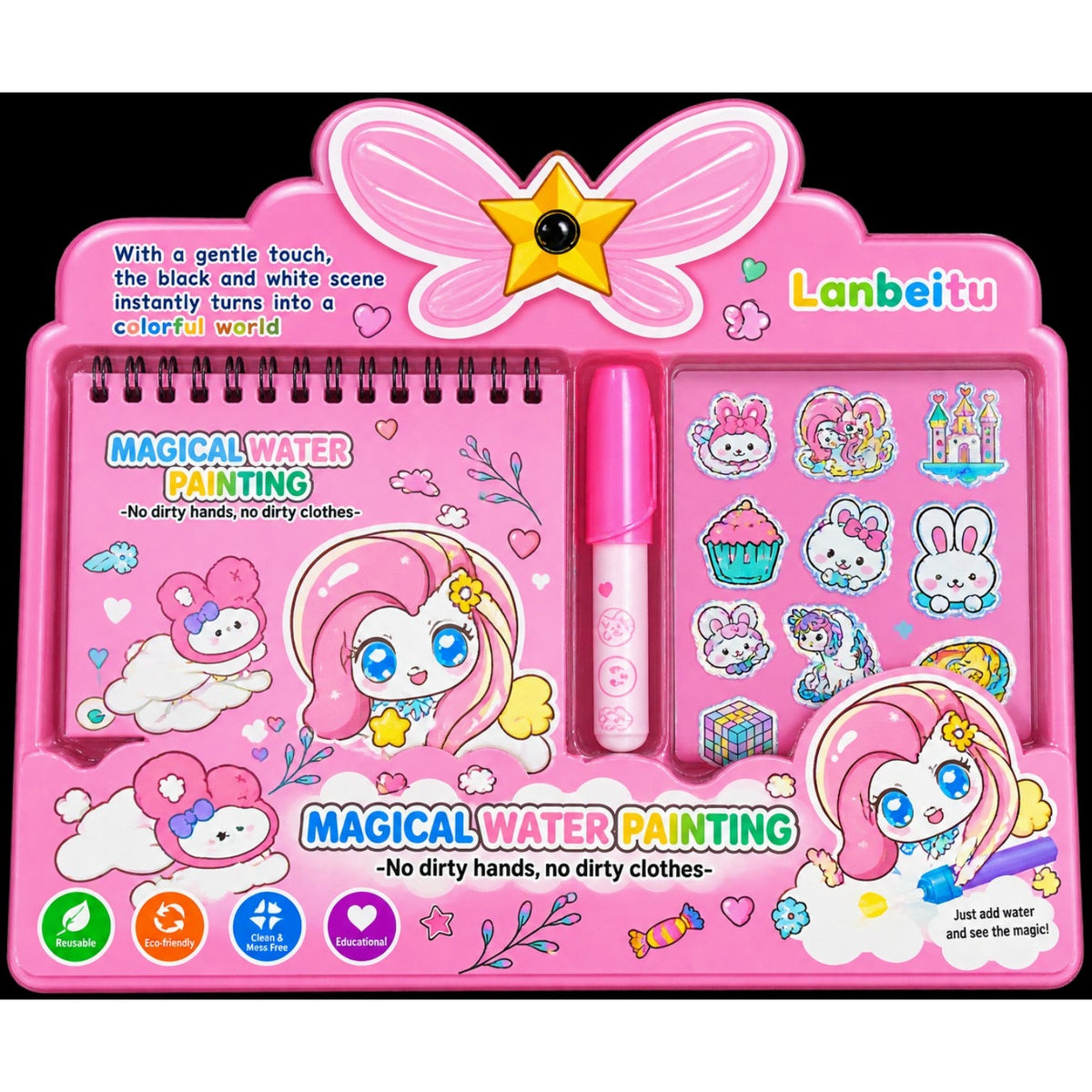 Girl using a magical water painting book with reusable water pen