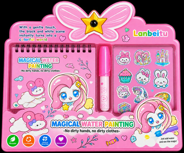 Girl using a magical water painting book with reusable water pen
