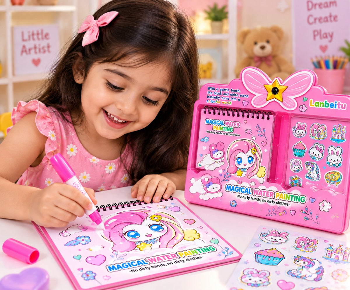 Pink magical water painting activity book and reusable water pen kit for kids