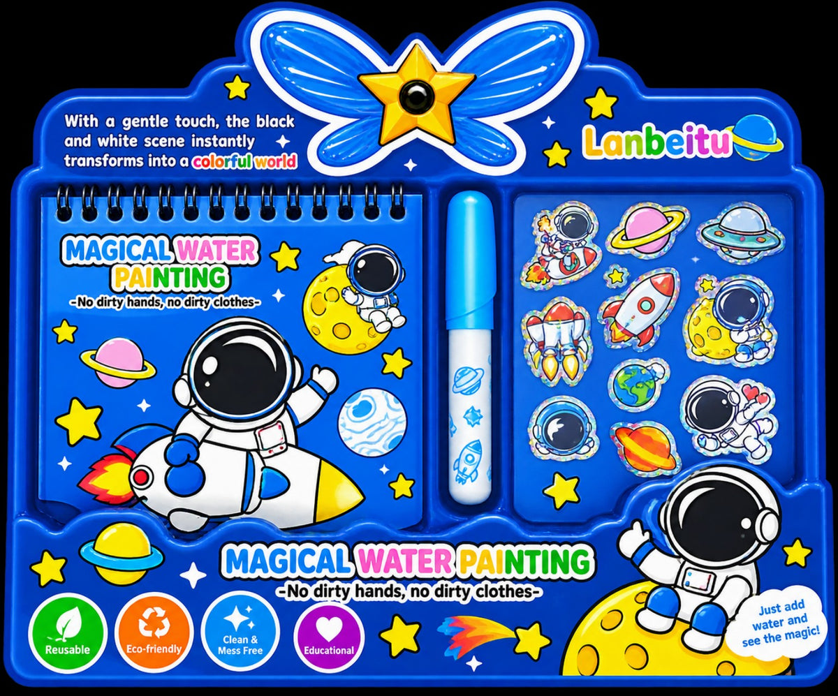 Reusable magical water painting space activity kit with water pen and coloring pages