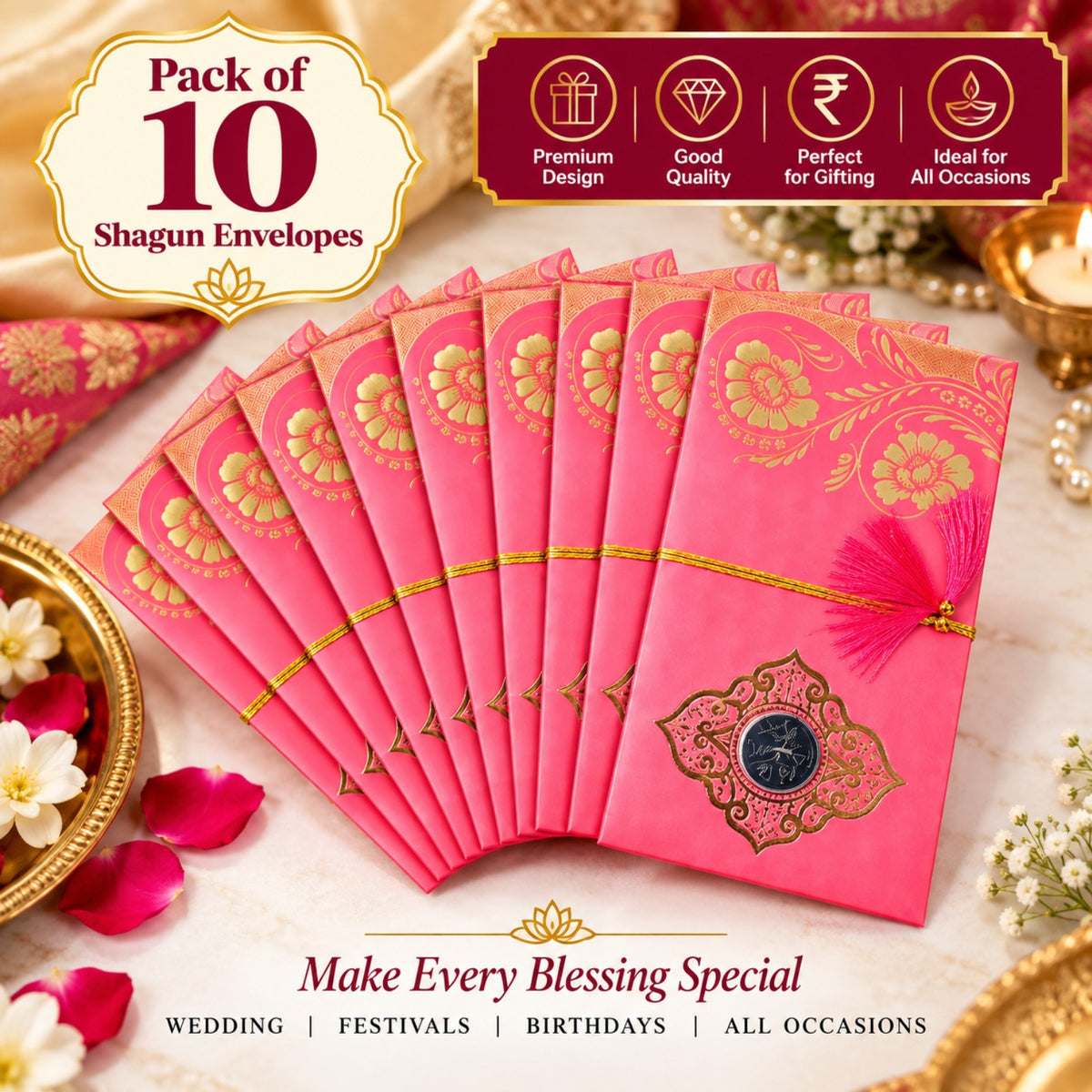 Pack of 10 premium pink Shagun envelopes with golden floral design for wedding festival birthday and special occasion cash gifting