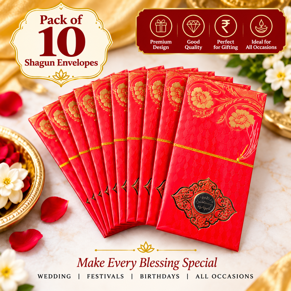 Pack of 10 red Shagun envelopes with golden floral design for wedding and festive gifting
