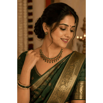 Emerald Green Kundan Pearl Necklace Set for Women - Emerald green kundan pearl necklace worn with matching drop earrings