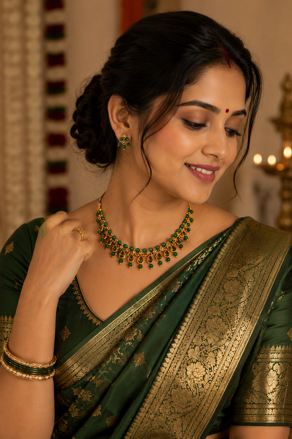 Emerald Green Kundan Pearl Necklace Set – Traditional Bridal Jewellery for Women