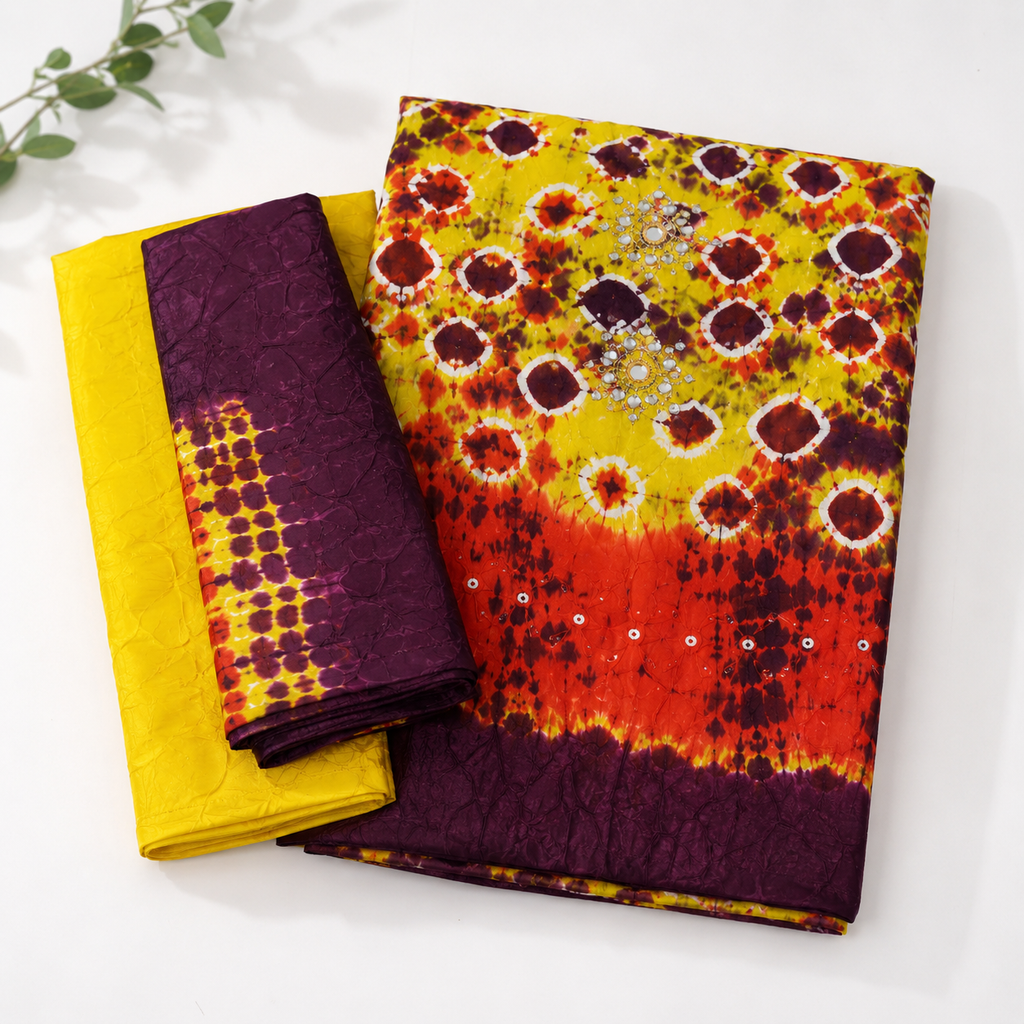 Rajasthani Bandhani Unstitched Dress Material for Women with Dupatta | Traditional Tie-Dye Salwar Suit Fabric | Yellow & Maroon