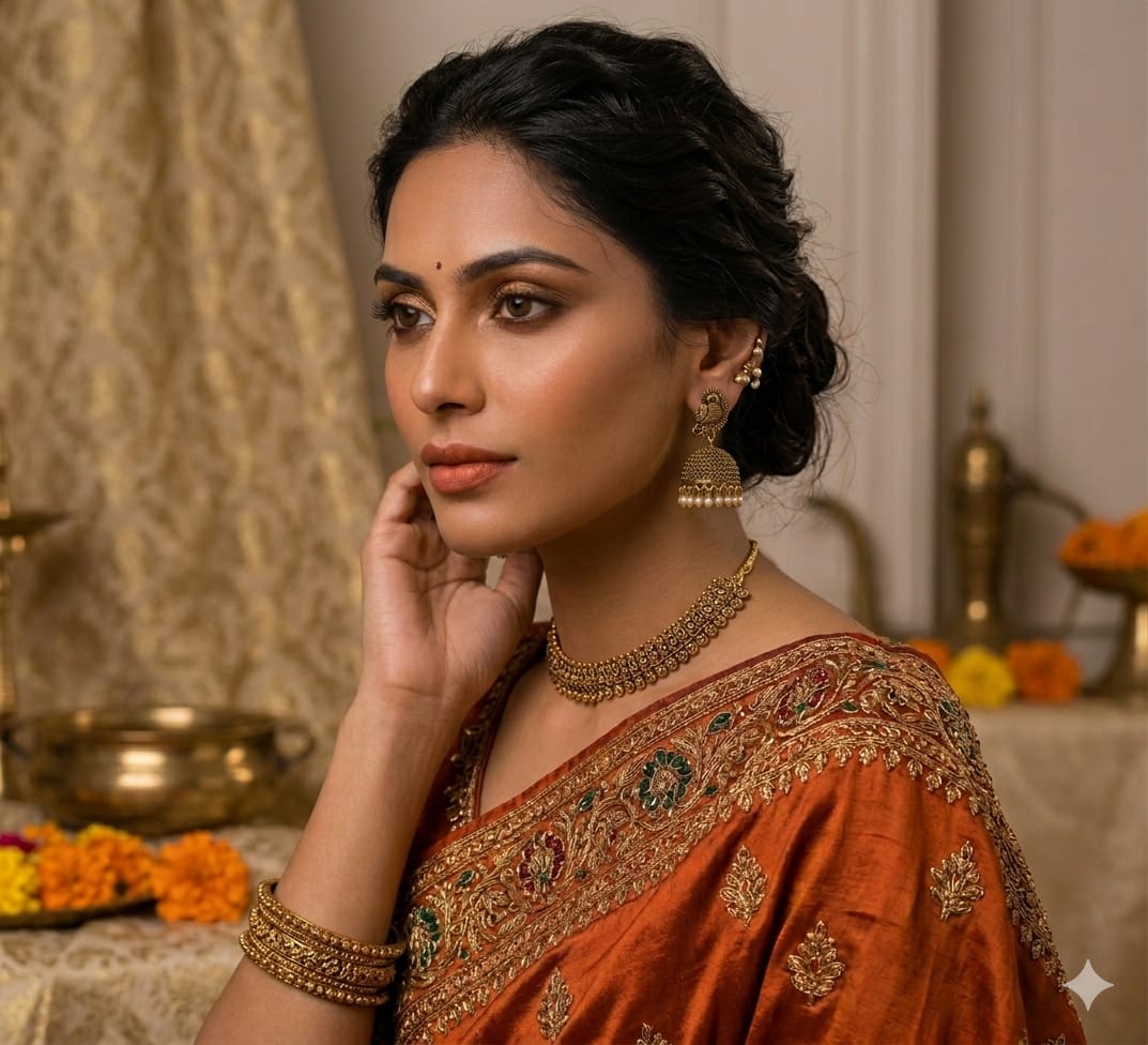 Antique gold jhumka drop earrings with beaded detail near the ear