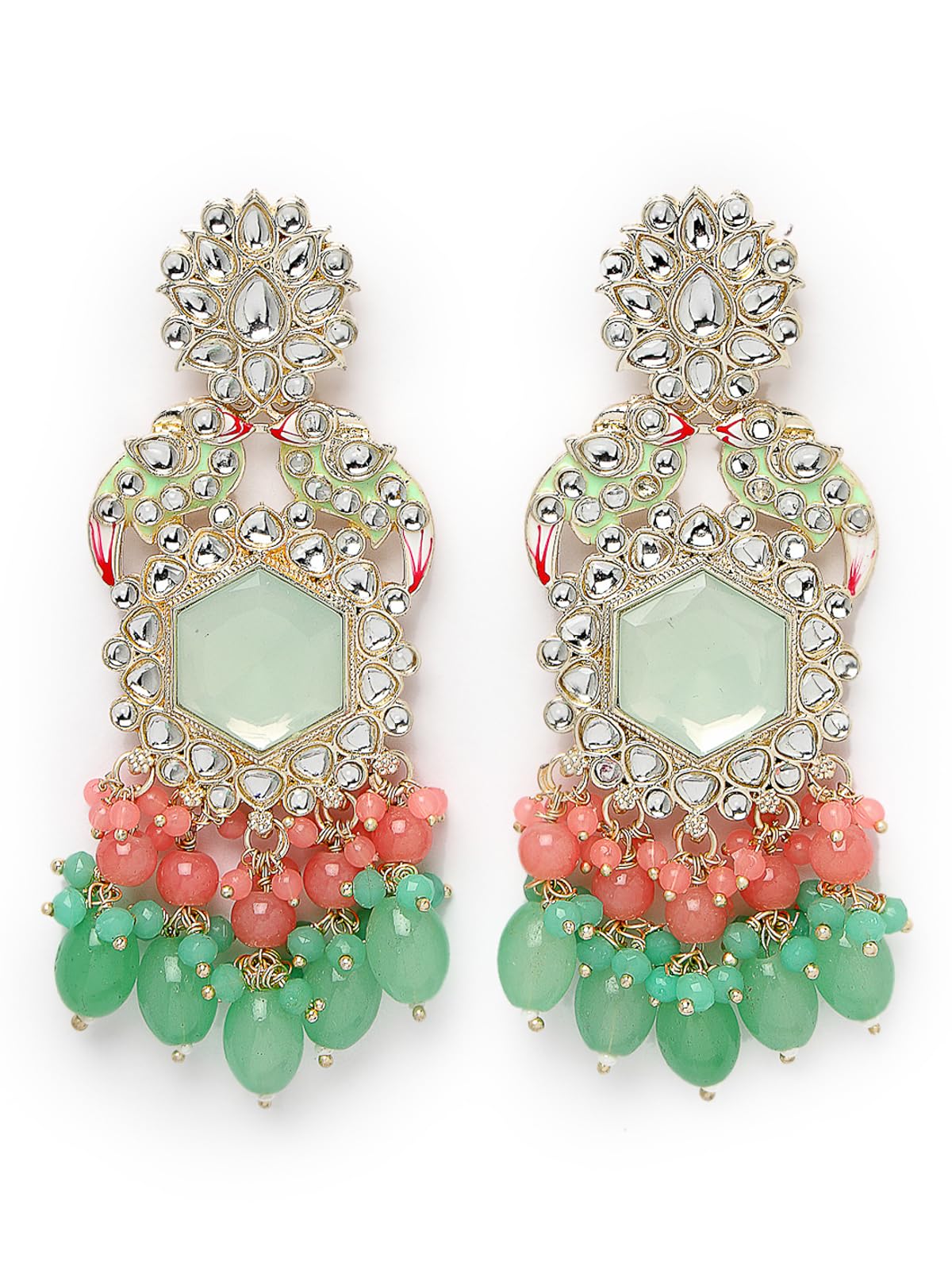 Mint Green Kundan Chandbali Earrings with Coral Beads | Ethnic Statement Jewellery for Women