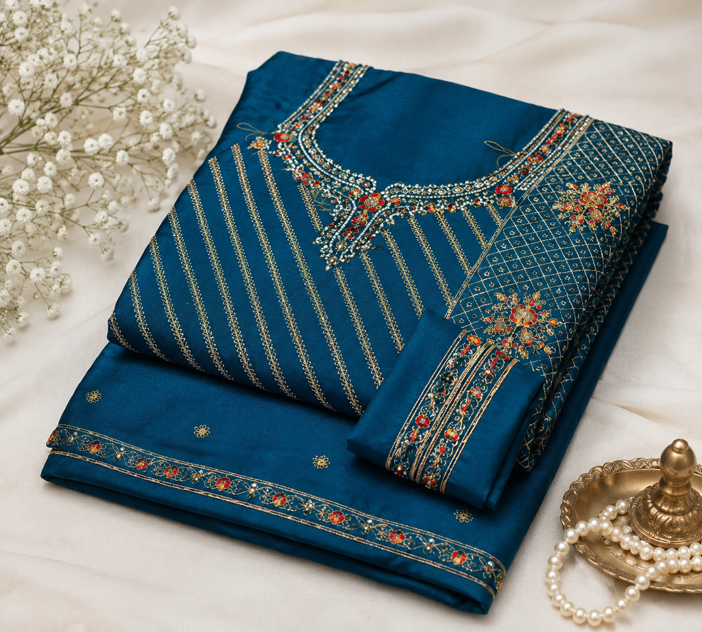 Teal blue embroidered unstitched salwar suit fabric set with matching dupatta