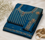 Teal blue embroidered unstitched salwar suit fabric set with matching dupatta