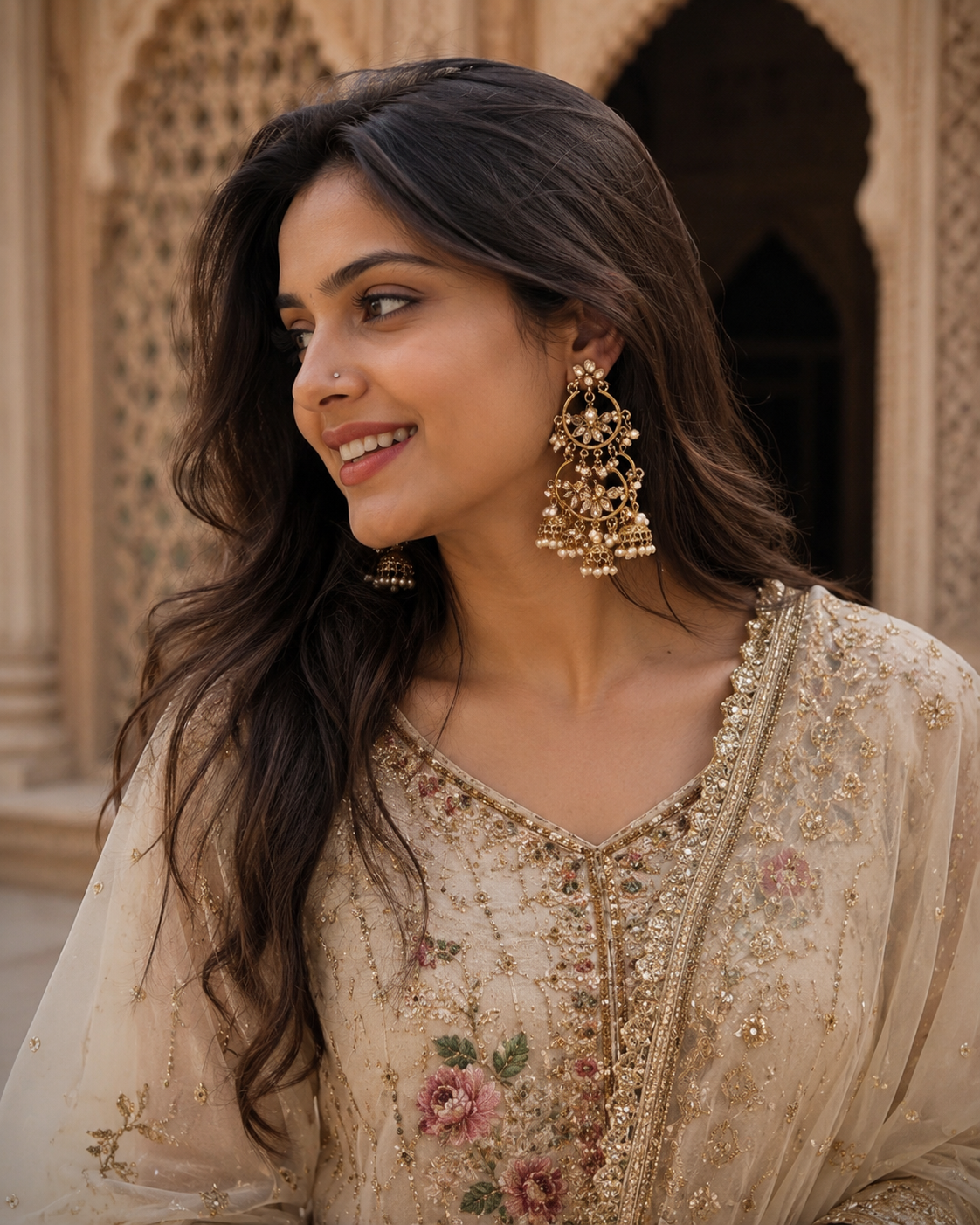 Gold-plated pearl jhumka earrings with floral chandi danglers, gold tone