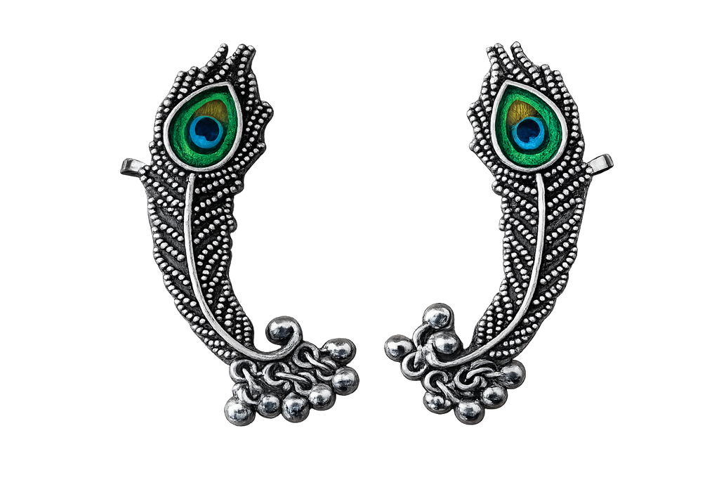 Peacock eye ear cuff earring in oxidized silver with green enamel and bead accents