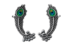 Peacock eye ear cuff earring in oxidized silver with green enamel and bead accents