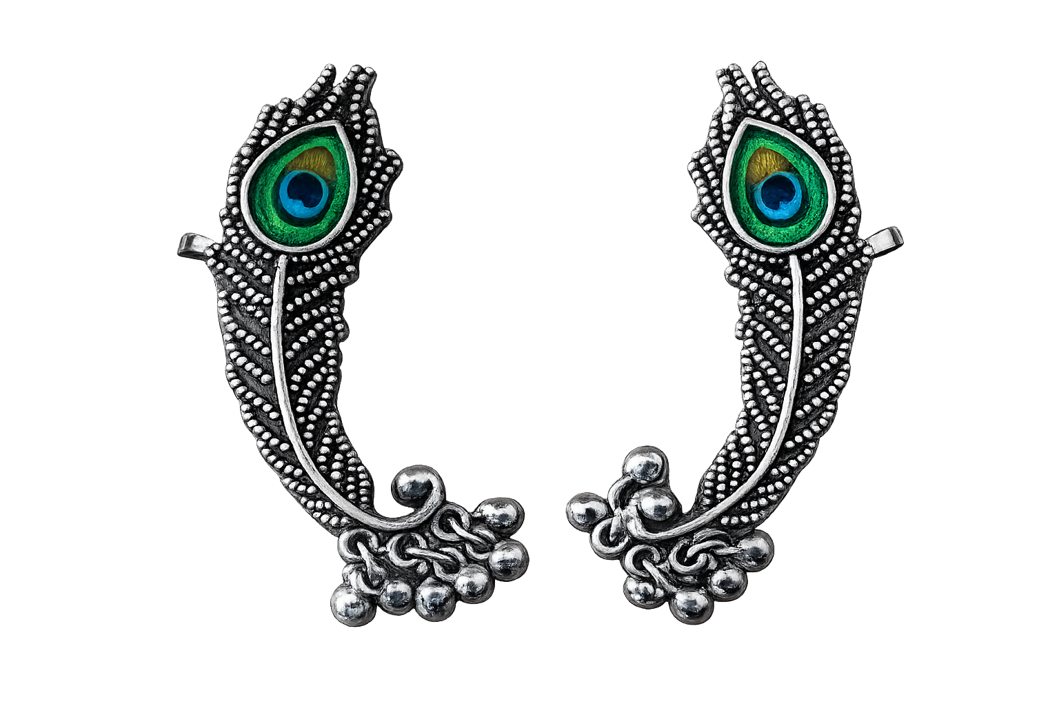 Peacock eye ear cuff earring in oxidized silver with green enamel and bead accents
